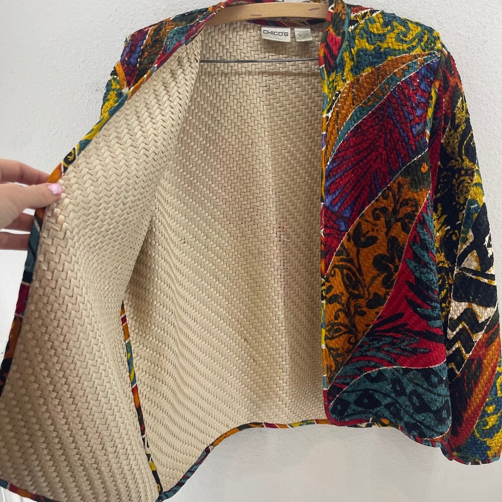 Chico's Silk Jacket 1 Abstract Boho Art To Wear Open Front Colorful Maximalism - Picture 8 of 16